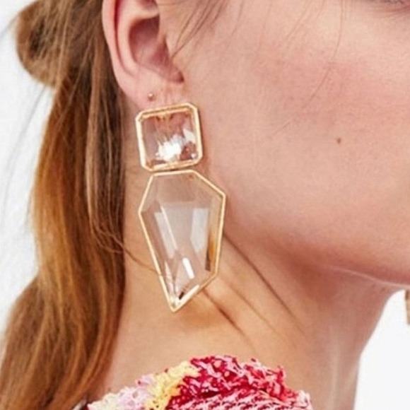 Gold statement earrings Oversized crystal clear geometric cocktail prom 💖 - Picture 3 of 16